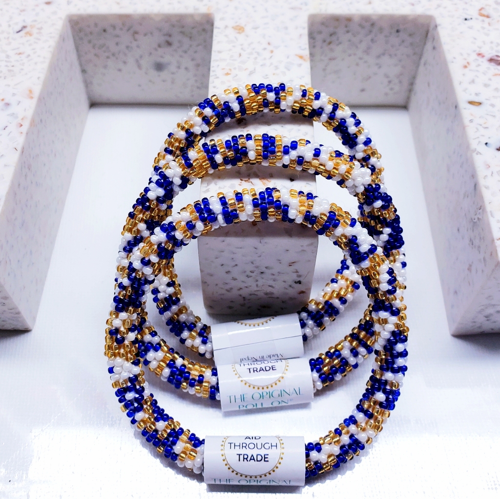 Gold, Navy & White -Original Roll-On Bracelets, 7" Round, Made In Nepal (3 Pcs)